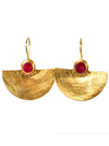 Gold half-moon earrings with deep red Ruby stones and delicate beaded detail