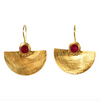 Gold half-moon earrings with deep red Ruby stones and delicate beaded detail