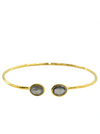 Gold bracelet with two round gemstones on a white background