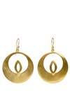 Lotus Moon drop earrings featuring circular design with petal cutout in brushed gold
