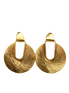 Solar disc drop earrings in brushed gold featuring rising sun design with arch detail